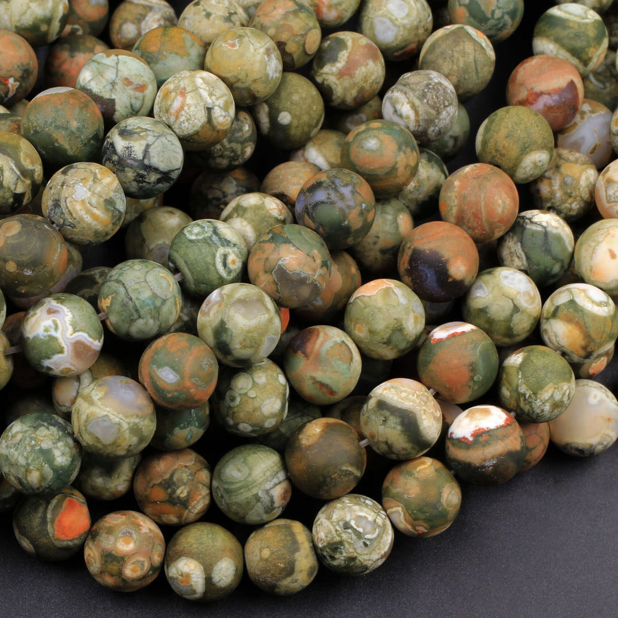 Matte Natural Rainforest Rhyolite Jasper Round 4mm 6mm 8mm 10mm Green Brown Orange Brown Beads 15.5" Strand