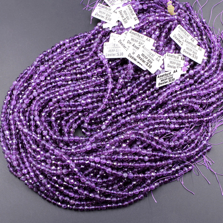 AAA Faceted Natural Amethyst 2mm 3mm 4mm 5mm 6mm Round Beads Micro Faceted Genuine Purple Amethyst Gemstone 15.5" Strand