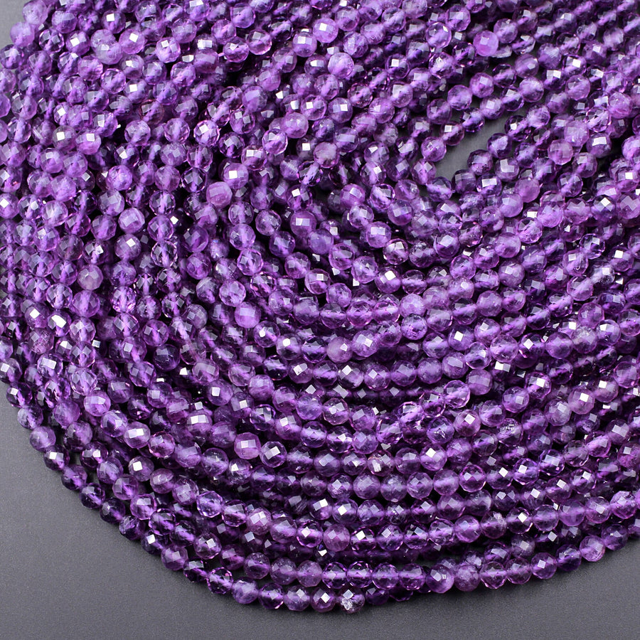 AAA Faceted Natural Amethyst 2mm 3mm 4mm 5mm 6mm Round Beads Micro Faceted Genuine Purple Amethyst Gemstone 15.5" Strand