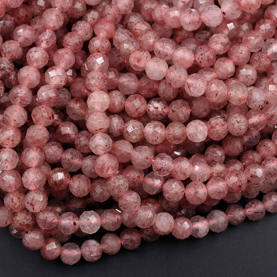 Faceted Natural Strawberry Quartz Faceted 3mm 6mm Round Beads 15.5" Strand