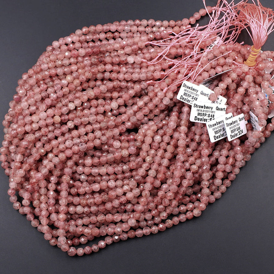 Faceted Natural Strawberry Quartz Faceted 3mm 6mm Round Beads 15.5" Strand