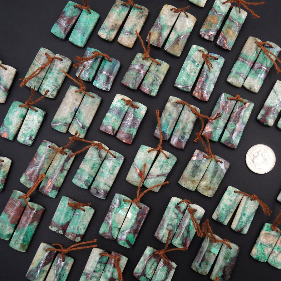 Natural Chrysocolla in Copper Earring Pair Drilled Cabochon Cab Pair Rectangle Matched Gemstone Bead Pair From Arizona
