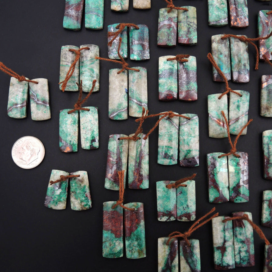 Natural Chrysocolla in Copper Earring Pair Drilled Cabochon Cab Pair Rectangle Matched Gemstone Bead Pair From Arizona