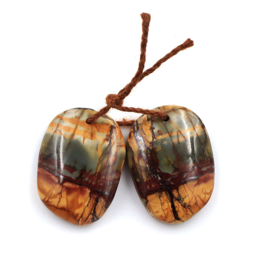 Natural Red Creek Jasper Abstract Oval Free Form Earring Pair Cabochon Cab Drilled Matched Gemstone Bead Pair Aka Multicolor Picasso Jasper