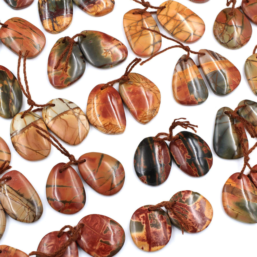 Natural Red Creek Jasper Abstract Oval Free Form Earring Pair Cabochon Cab Drilled Matched Gemstone Bead Pair Aka Multicolor Picasso Jasper