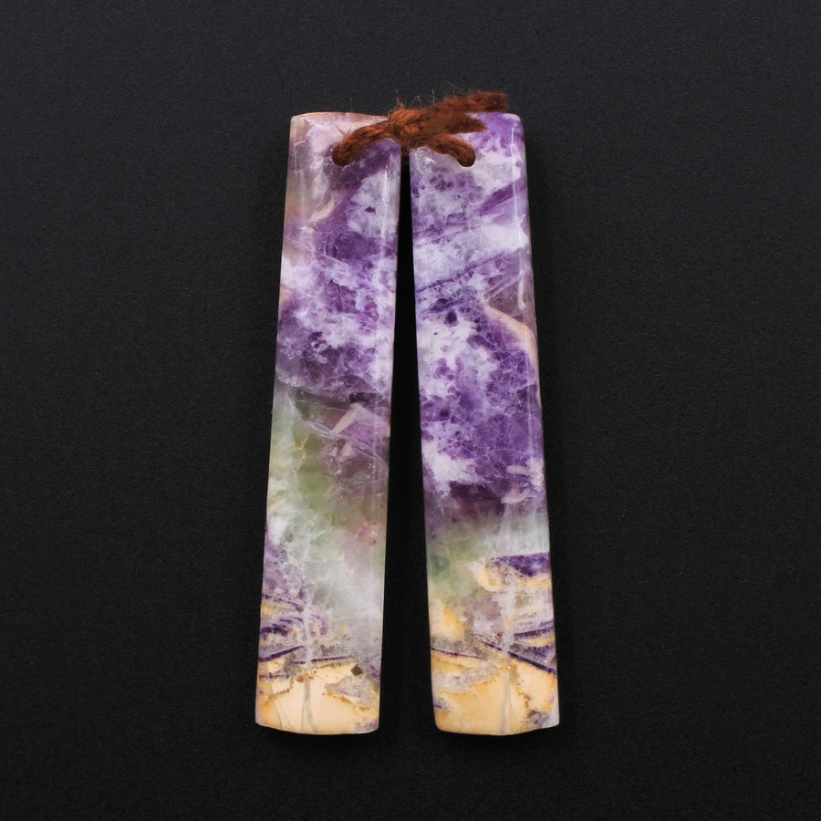 Drilled Natural Petrified Purple Fluorite Earring Pair Long Rectangle Cabochon Cab Pair Matched Earrings Beads Stone