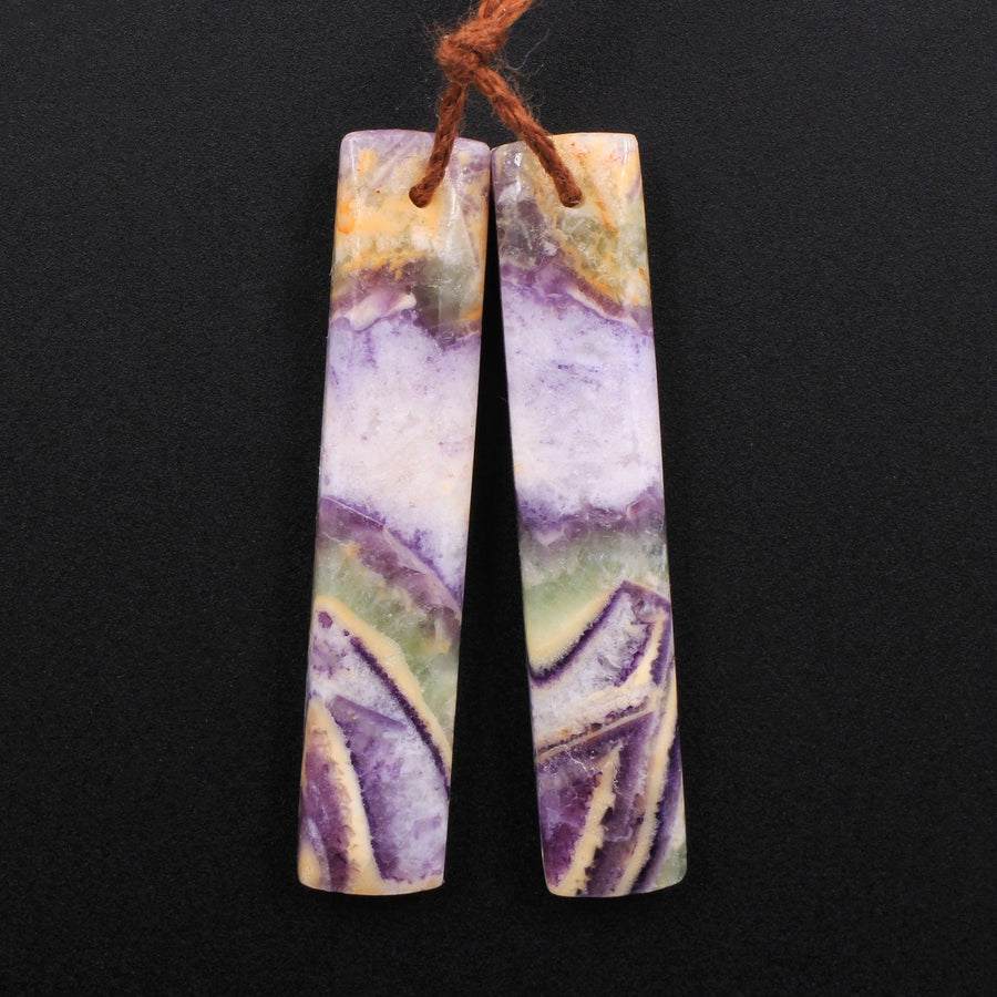 Drilled Natural Petrified Purple Fluorite Earring Pair Long Rectangle Cabochon Cab Pair Matched Earrings Beads Stone