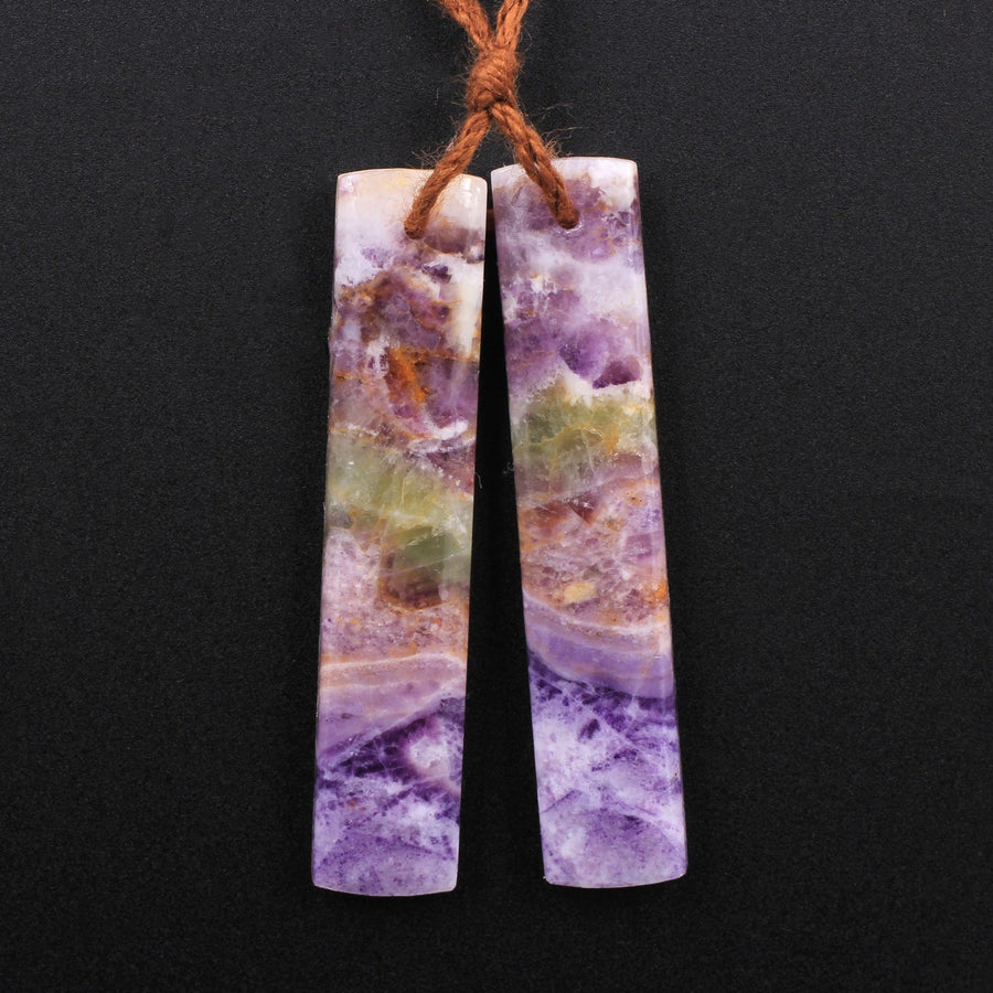 Drilled Natural Petrified Purple Fluorite Earring Pair Long Rectangle Cabochon Cab Pair Matched Earrings Beads Stone