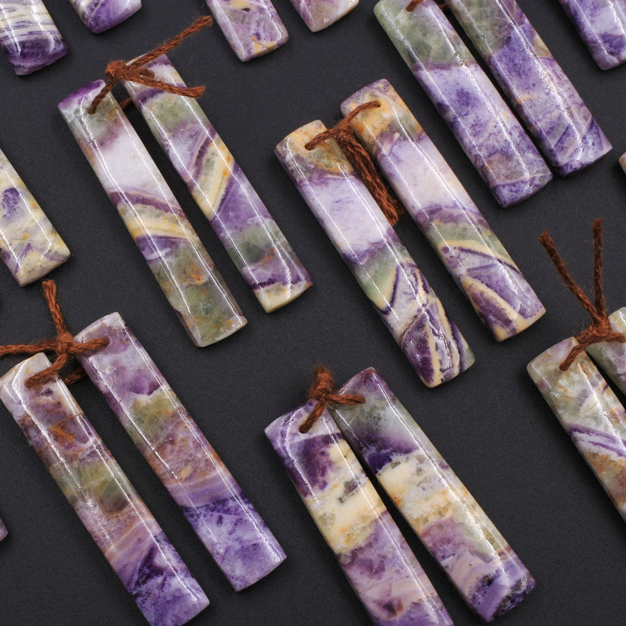 Drilled Natural Petrified Purple Fluorite Earring Pair Long Rectangle Cabochon Cab Pair Matched Earrings Beads Stone