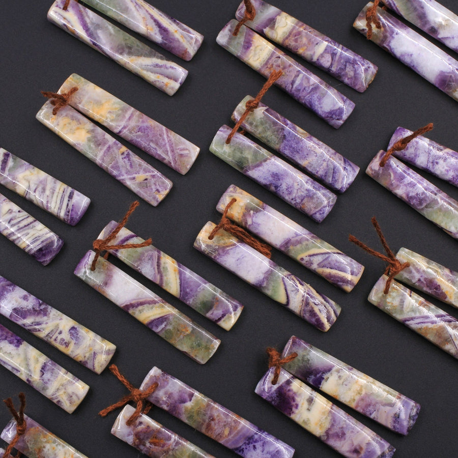 Drilled Natural Petrified Purple Fluorite Earring Pair Long Rectangle Cabochon Cab Pair Matched Earrings Beads Stone