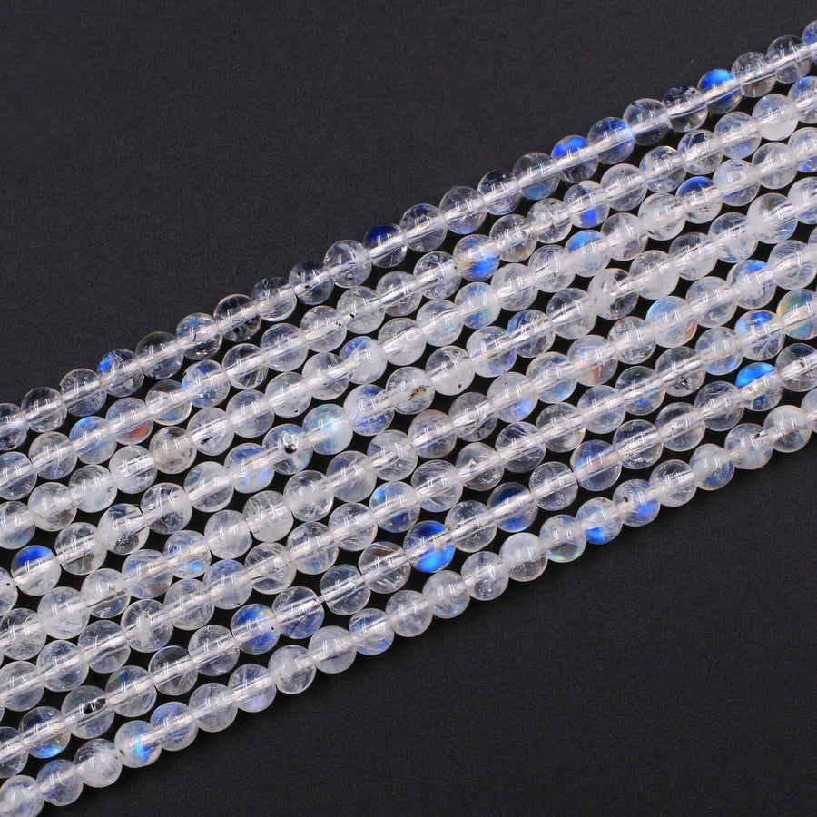 AAA+ Natural Rainbow Moonstone 4mm Round Beads Extra Blue Flashes Super Translucent Gemstone 15.5" Strand