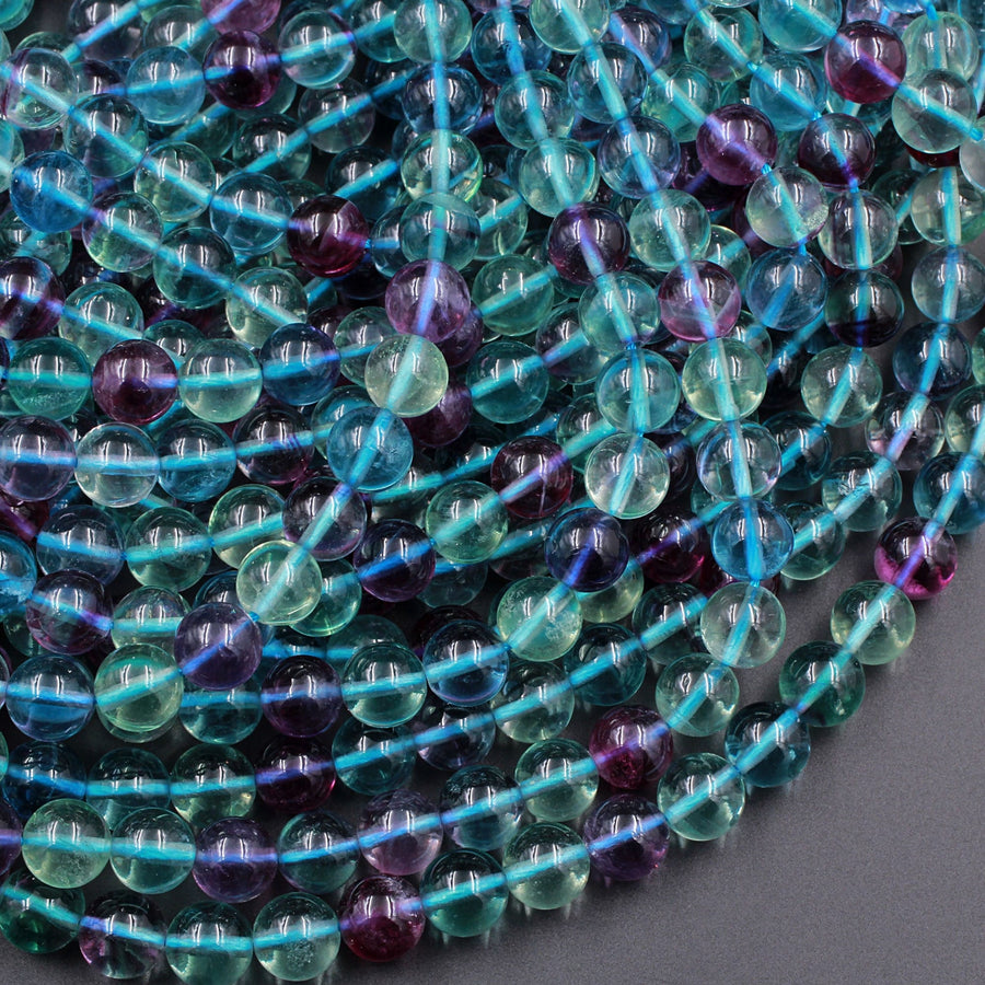 AAA Natural Fluorite Beads 4mm 6mm 8mm 10mm 12mm Round Polished Finish Purple Green Blue Fluorite Gemstone Beads 15.5" Strand