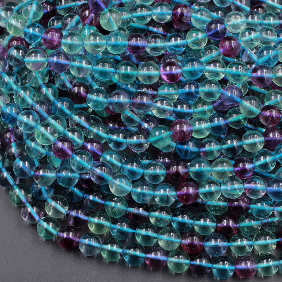 AAA Natural Fluorite Beads 4mm 6mm 8mm 10mm 12mm Round Polished Finish Purple Green Blue Fluorite Gemstone Beads 15.5" Strand