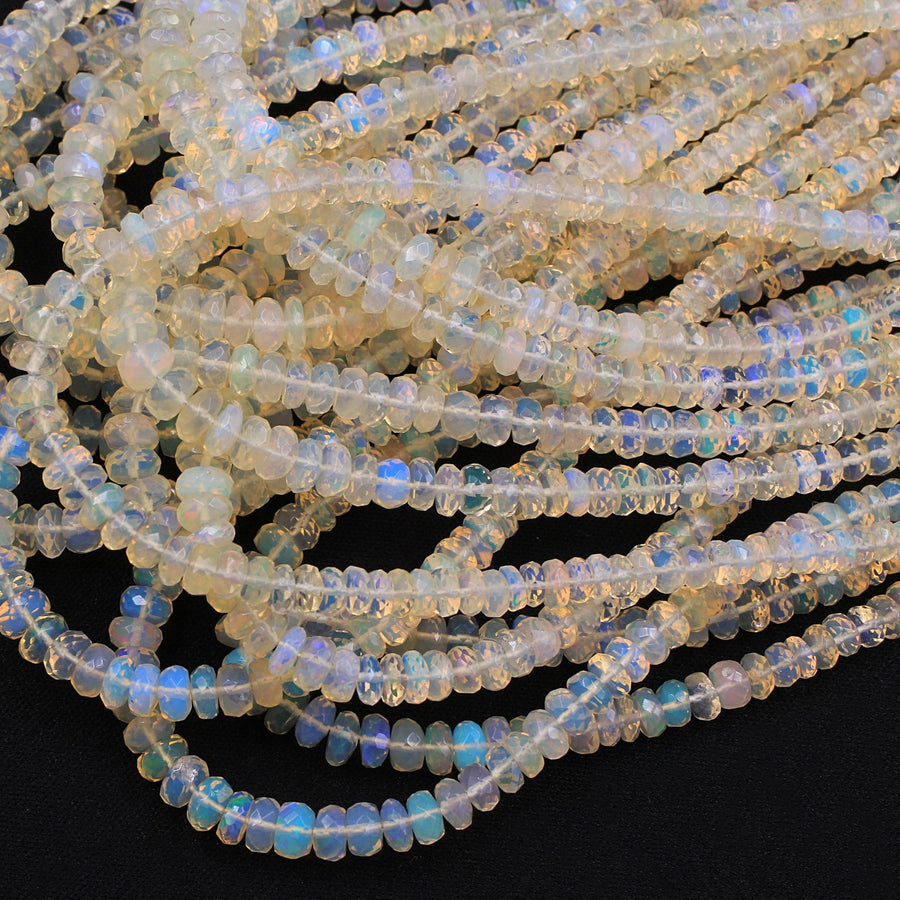 AAA White Ethiopian Opal Faceted Rondelle Beads Graduating 4mm 6mm Super Flashy Fiery Rainbow 16" Strand