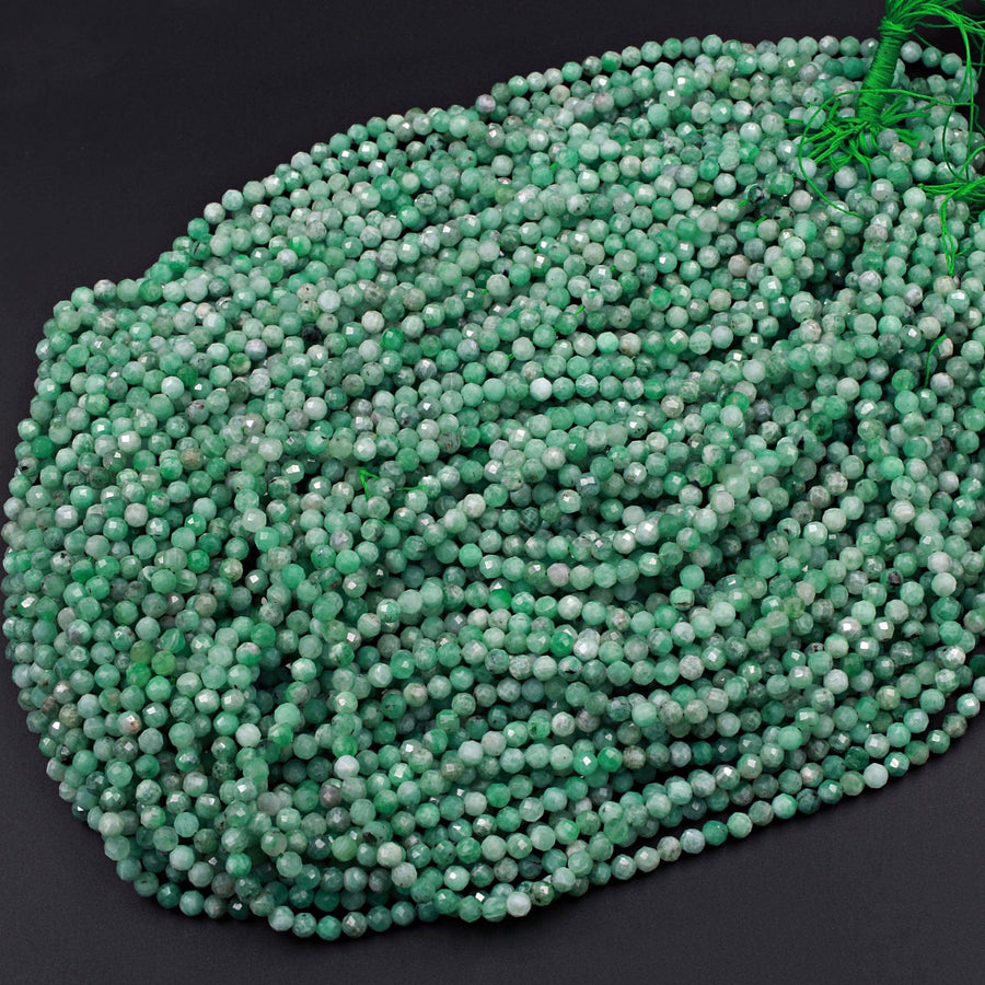 Real Genuine Natural Green Emerald Gemstone Faceted 2mm 3mm 4mm Round Beads Laser Diamond Cut Gemstone May Birthstone 15.5" Strand