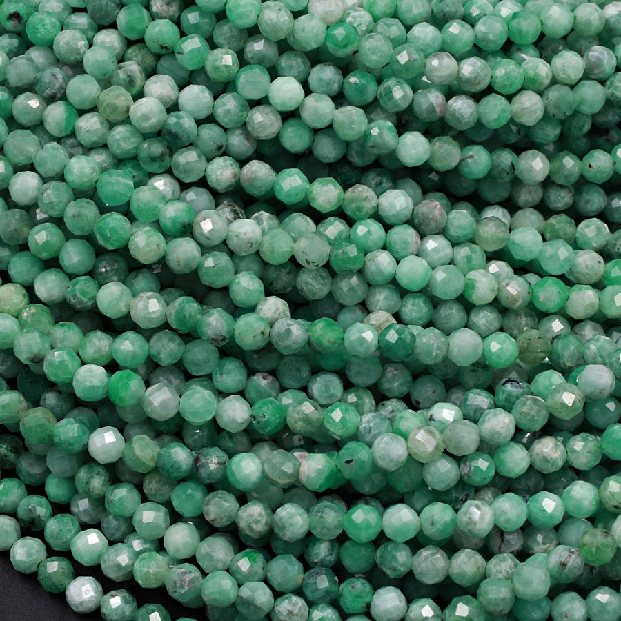 Real Genuine Natural Green Emerald Gemstone Faceted 2mm 3mm 4mm Round Beads Laser Diamond Cut Gemstone May Birthstone 15.5" Strand