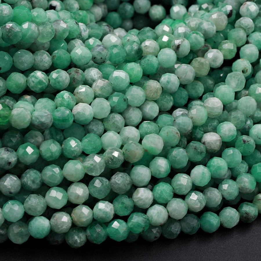 Real Genuine Natural Green Emerald Gemstone Faceted 2mm 3mm 4mm Round Beads Laser Diamond Cut Gemstone May Birthstone 15.5" Strand