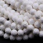 Natural White Tridacna Shell Beads Carved Lotus Flower Bloom Round Beads Pristine White 6mm 8mm 10mm 12mm 14mm Decorative Bead 15.5" Strand