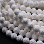 Natural White Tridacna Shell Beads Carved Lotus Flower Bloom Round Beads Pristine White 6mm 8mm 10mm 12mm 14mm Decorative Bead 15.5" Strand