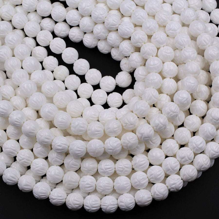 Natural White Tridacna Shell Beads Carved Lotus Flower Bloom Round Beads Pristine White 6mm 8mm 10mm 12mm 14mm Decorative Bead 15.5" Strand