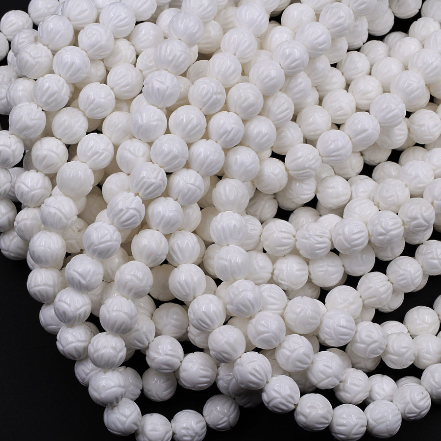 Natural White Tridacna Shell Beads Carved Lotus Flower Bloom Round Beads Pristine White 6mm 8mm 10mm 12mm 14mm Decorative Bead 15.5" Strand
