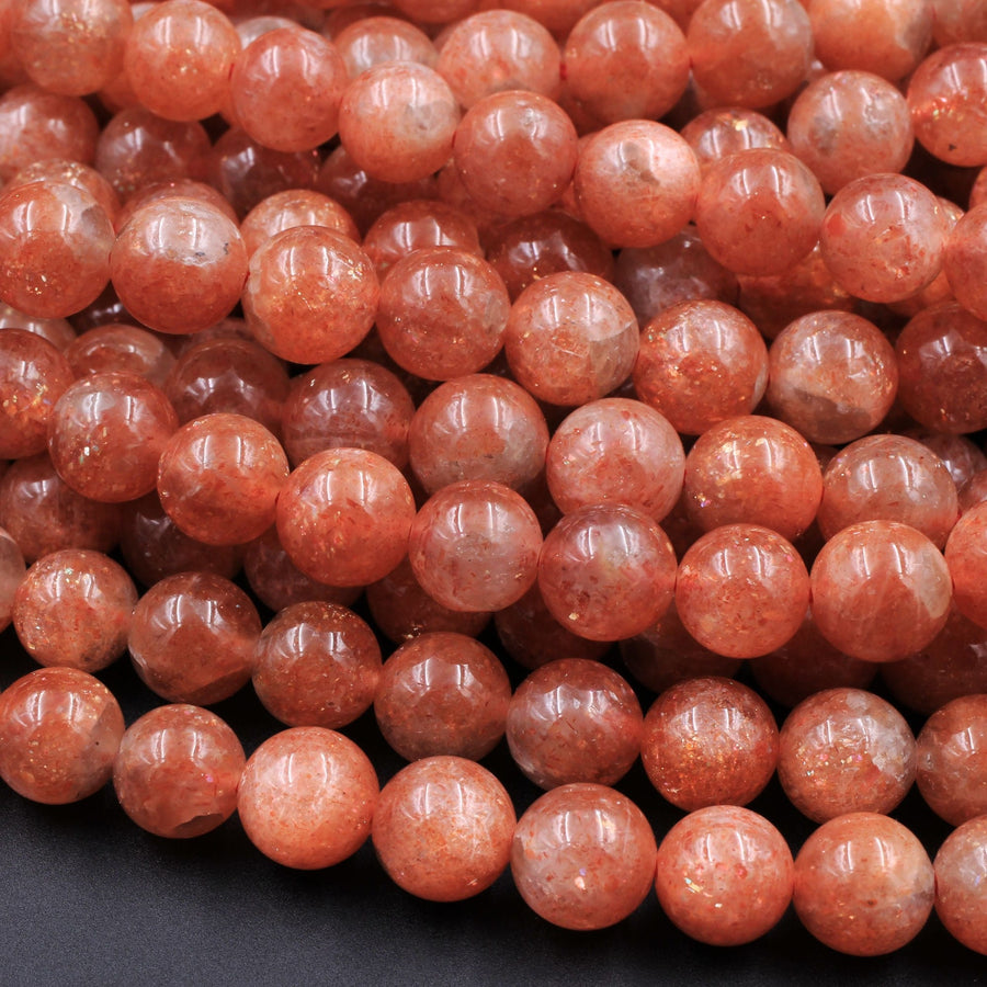 AAA Fiery Natural Sunstone Round Beads 4mm 5mm 6mm 8mm 10mm 12mm Feldspar Golden Glitters Orange Red Gemstone 15.5" Strand