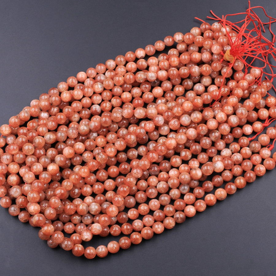 AAA Fiery Natural Sunstone Round Beads 4mm 5mm 6mm 8mm 10mm 12mm Feldspar Golden Glitters Orange Red Gemstone 15.5" Strand
