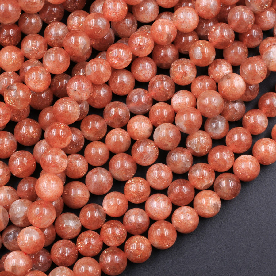 AAA Fiery Natural Sunstone Round Beads 4mm 5mm 6mm 8mm 10mm 12mm Feldspar Golden Glitters Orange Red Gemstone 15.5" Strand