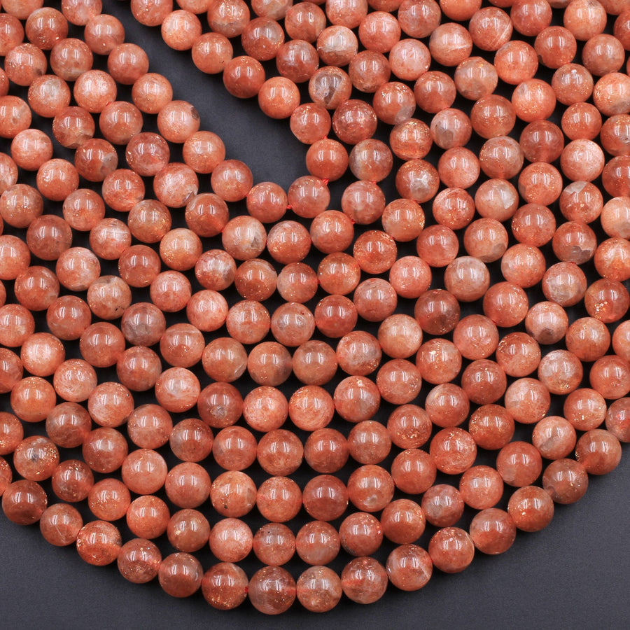 AAA Fiery Natural Sunstone Round Beads 4mm 5mm 6mm 8mm 10mm 12mm Feldspar Golden Glitters Orange Red Gemstone 15.5" Strand