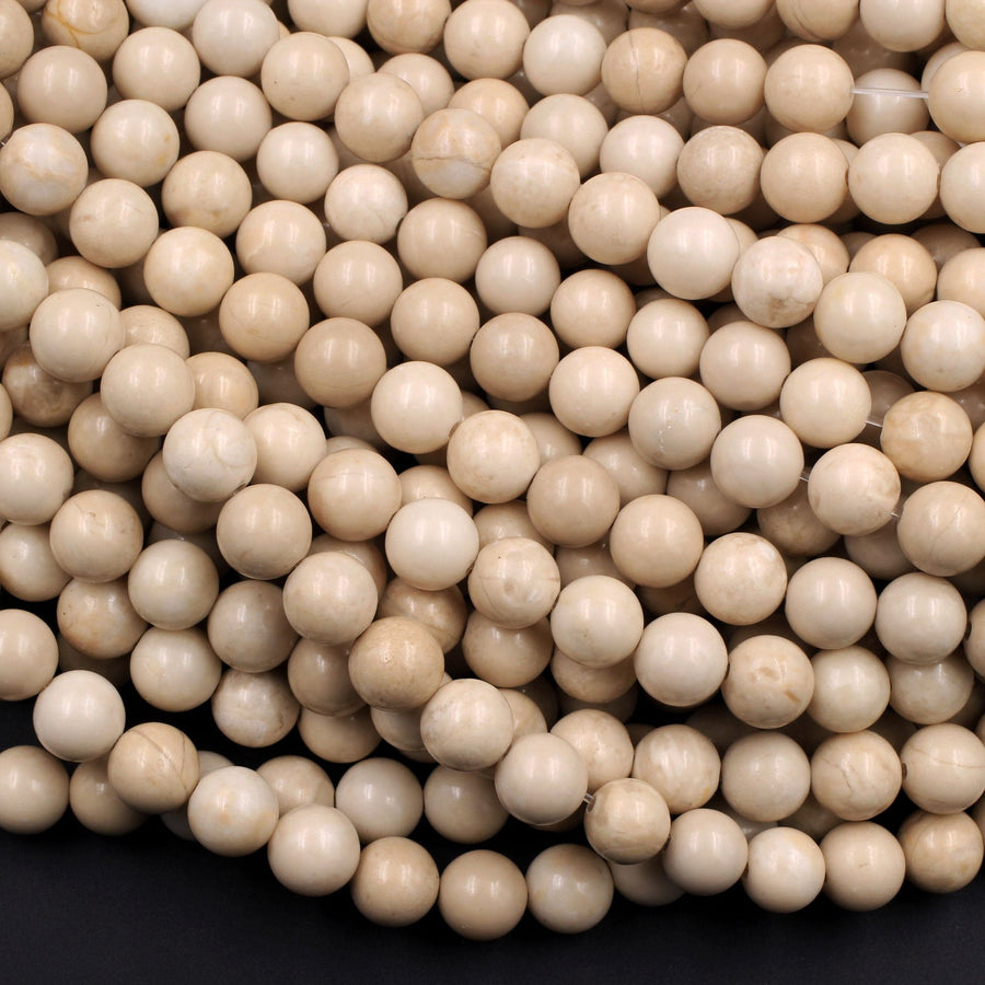 Natural Fossil Jasper River Stone 4mm  6mm 8mm  10mm Polished Round Tan Beige Cream Beads 15.5" Strand