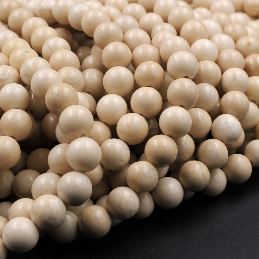 Natural Fossil Jasper River Stone 4mm  6mm 8mm  10mm Polished Round Tan Beige Cream Beads 15.5" Strand