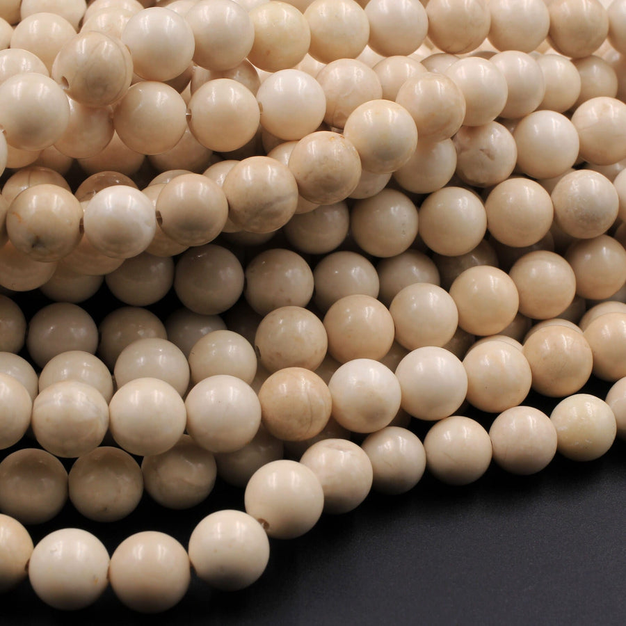 Natural Fossil Jasper River Stone 4mm  6mm 8mm  10mm Polished Round Tan Beige Cream Beads 15.5" Strand