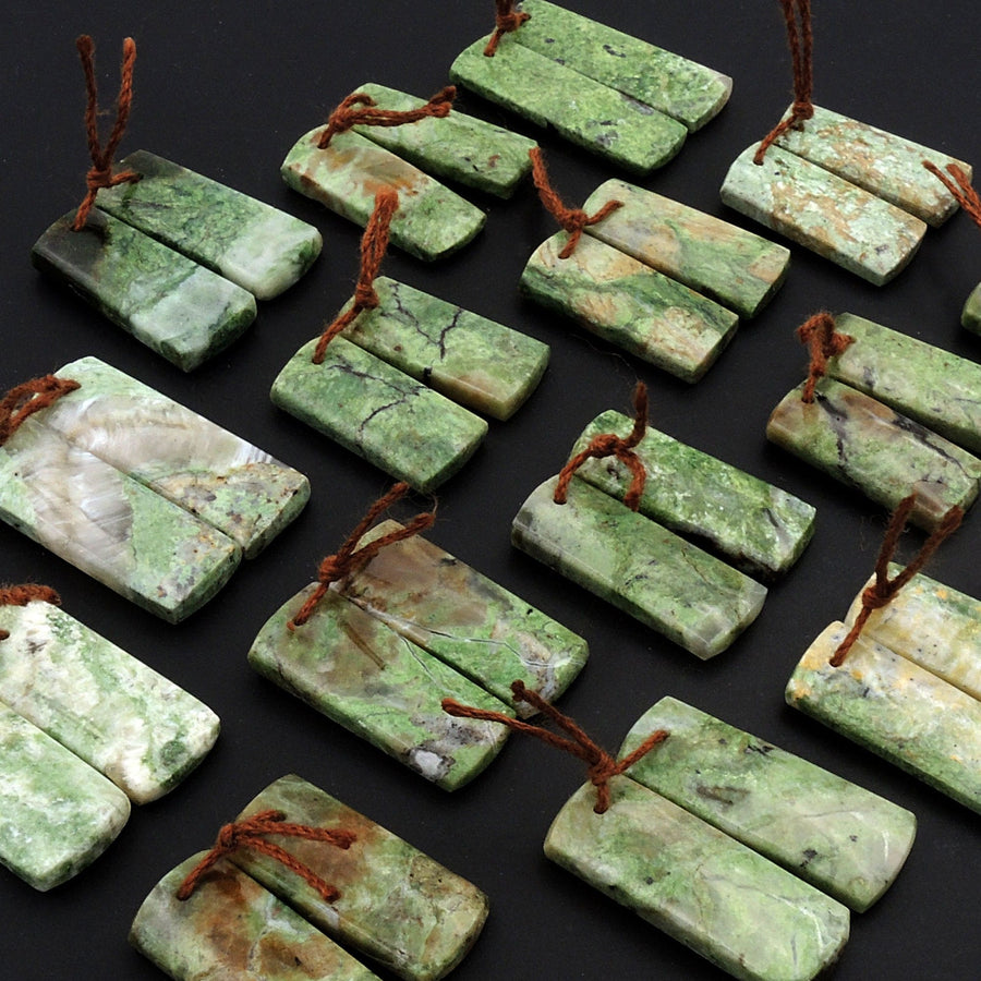 Natural African Green Chrysoprase Earring Pair Flat Short Rectangle Cabochon Cab Pair Drilled Matched Gemstone Bead Pair
