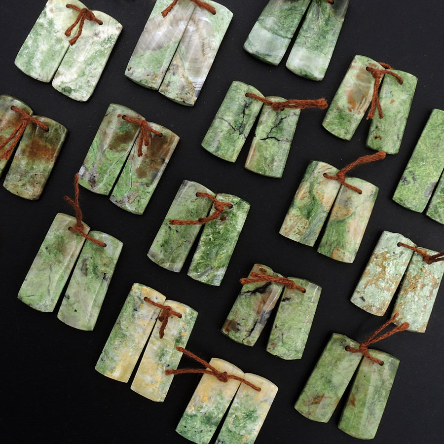 Natural African Green Chrysoprase Earring Pair Flat Short Rectangle Cabochon Cab Pair Drilled Matched Gemstone Bead Pair
