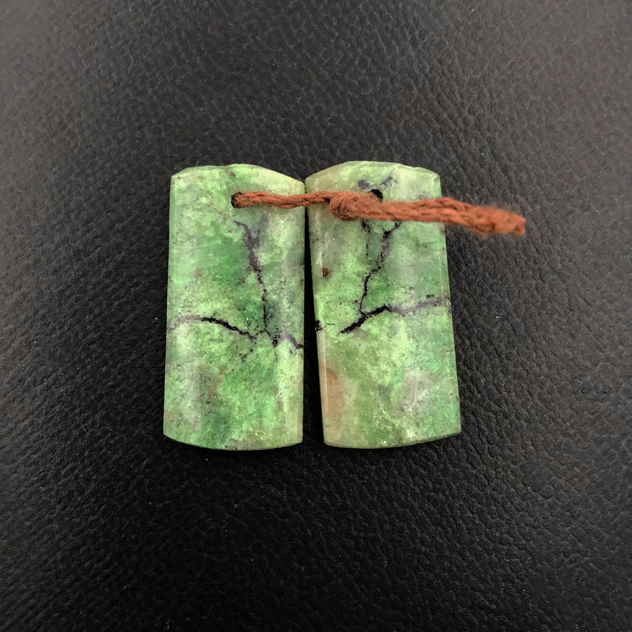 Natural African Green Chrysoprase Earring Pair Flat Short Rectangle Cabochon Cab Pair Drilled Matched Gemstone Bead Pair