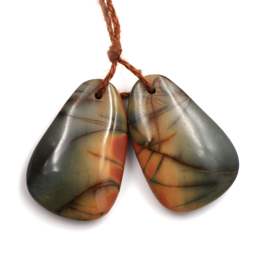 Natural Red Creek Jasper Abstract Oval Free Form Earring Pair Cabochon Cab Drilled Matched Gemstone Bead Pair Aka Multicolor Picasso Jasper