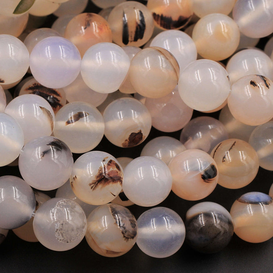Natural Montana Agate 4mm 6mm 8mm 10mm 12mm Smooth Round Beads Amazing Dendritic Pattern 15.5" Strand