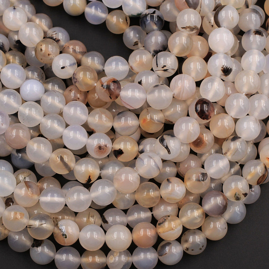 Natural Montana Agate 4mm 6mm 8mm 10mm 12mm Smooth Round Beads Amazing Dendritic Pattern 15.5" Strand