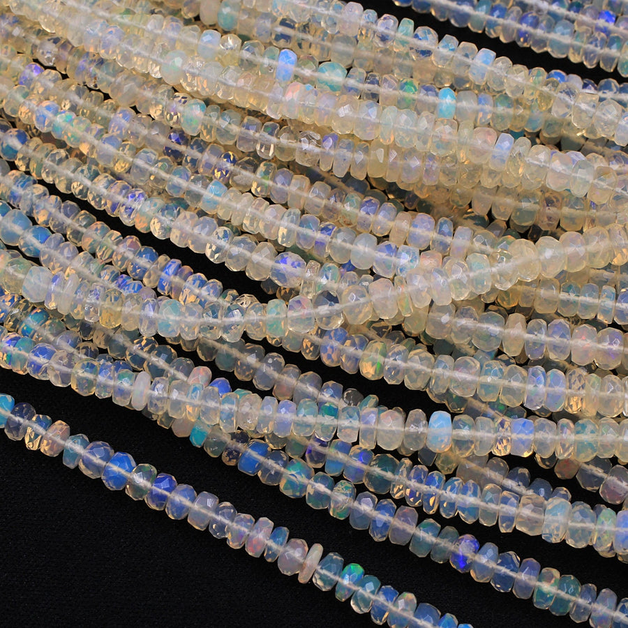 AAA White Ethiopian Opal Faceted Rondelle Beads Graduating 4mm 6mm Super Flashy Fiery Rainbow 16" Strand