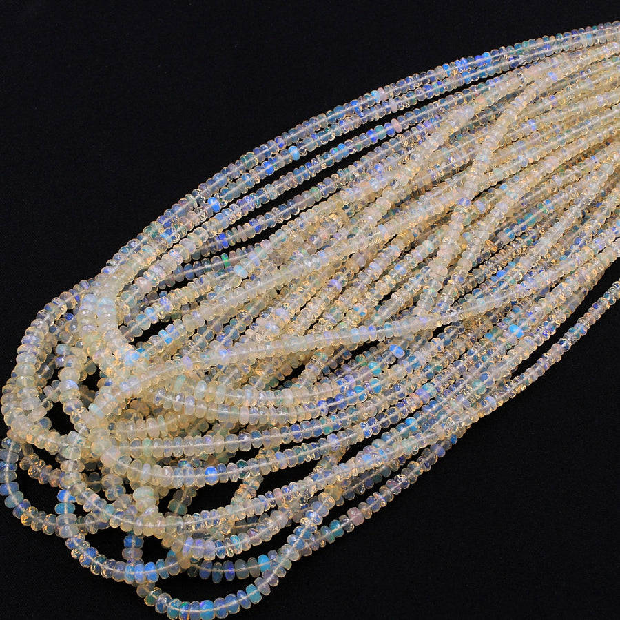 AAA White Ethiopian Opal Faceted Rondelle Beads Graduating 4mm 6mm Super Flashy Fiery Rainbow 16" Strand