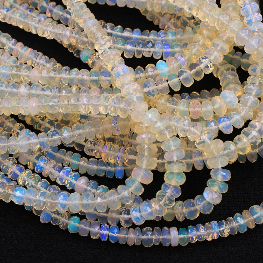 AAA White Ethiopian Opal Faceted Rondelle Beads Graduating 4mm 6mm Super Flashy Fiery Rainbow 16" Strand