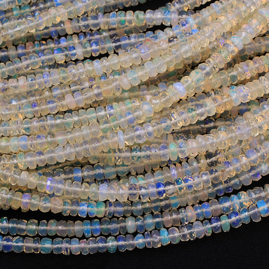 AAA White Ethiopian Opal Faceted Rondelle Beads Graduating 4mm 6mm Super Flashy Fiery Rainbow 16" Strand
