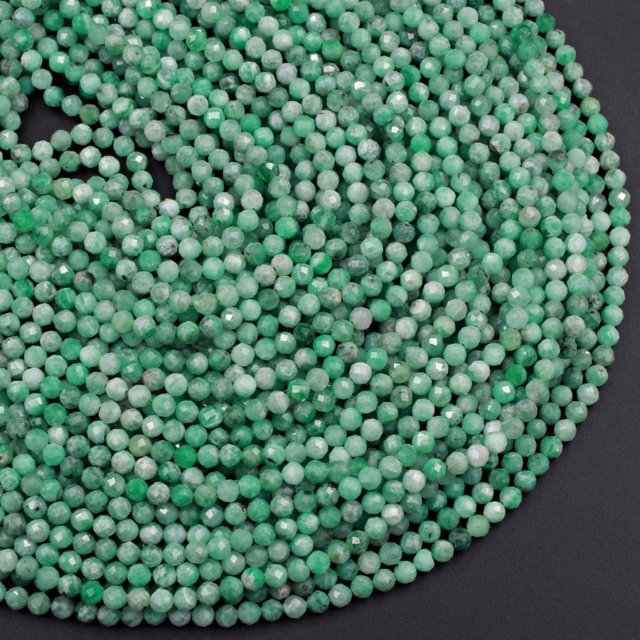 Real Genuine Natural Green Emerald Gemstone Faceted 2mm 3mm 4mm Round Beads Laser Diamond Cut Gemstone May Birthstone 15.5" Strand