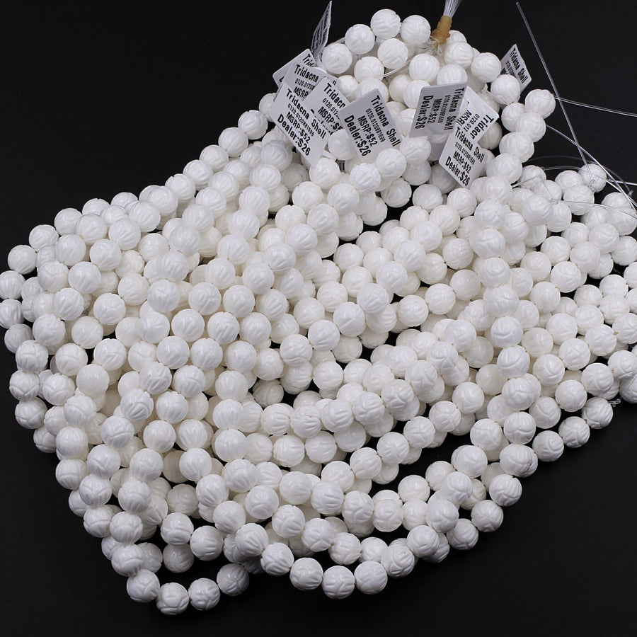 Natural White Tridacna Shell Beads Carved Lotus Flower Bloom Round Beads Pristine White 6mm 8mm 10mm 12mm 14mm Decorative Bead 15.5" Strand