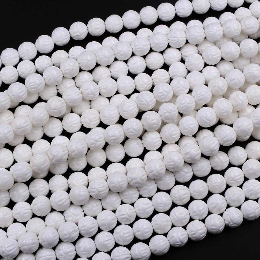 Natural White Tridacna Shell Beads Carved Lotus Flower Bloom Round Beads Pristine White 6mm 8mm 10mm 12mm 14mm Decorative Bead 15.5" Strand