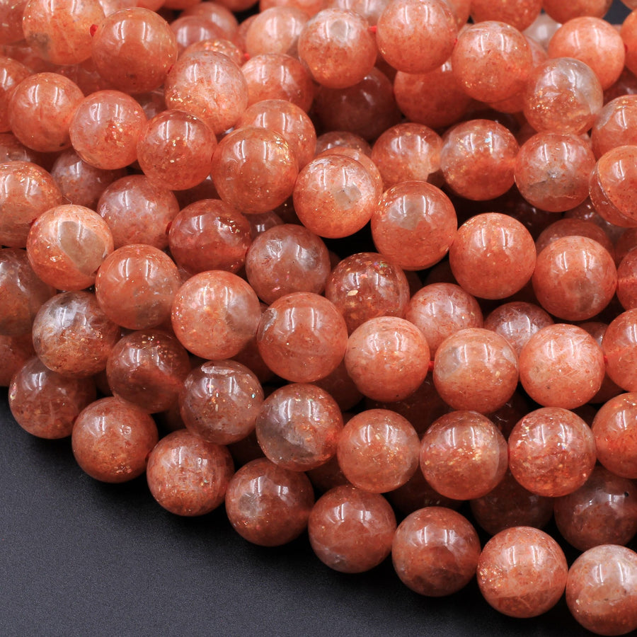 AAA Fiery Natural Sunstone Round Beads 4mm 5mm 6mm 8mm 10mm 12mm Feldspar Golden Glitters Orange Red Gemstone 15.5" Strand