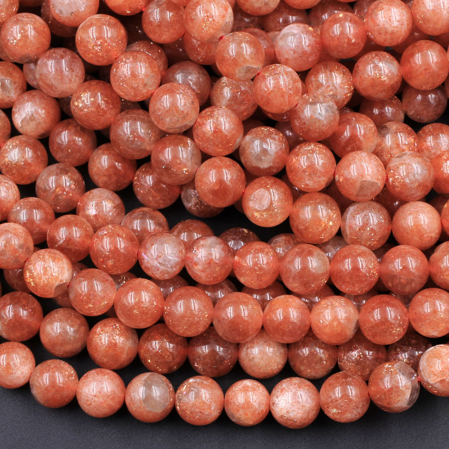 AAA Fiery Natural Sunstone Round Beads 4mm 5mm 6mm 8mm 10mm 12mm Feldspar Golden Glitters Orange Red Gemstone 15.5" Strand