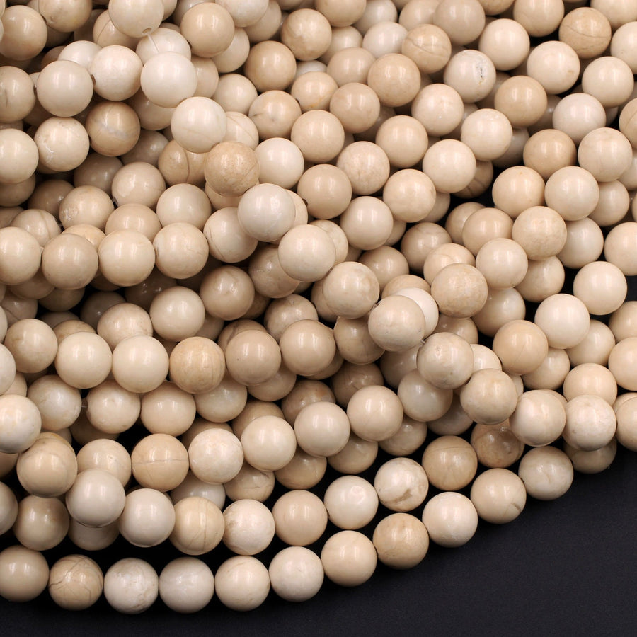 Natural Fossil Jasper River Stone 4mm  6mm 8mm  10mm Polished Round Tan Beige Cream Beads 15.5" Strand