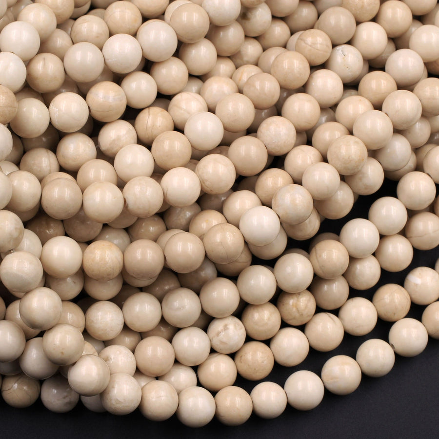 Natural Fossil Jasper River Stone 4mm  6mm 8mm  10mm Polished Round Tan Beige Cream Beads 15.5" Strand