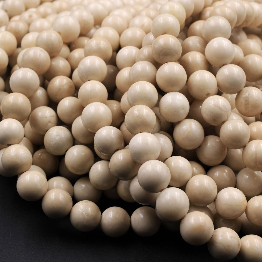 Natural Fossil Jasper River Stone 4mm  6mm 8mm  10mm Polished Round Tan Beige Cream Beads 15.5" Strand